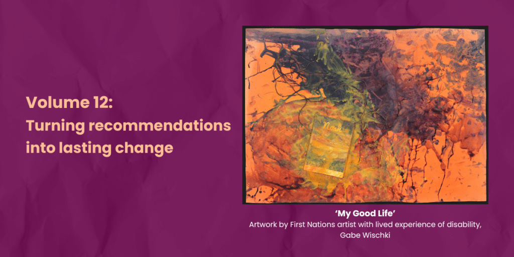 Burgundy background with artwork titled 'My good life' by artist with lived experience of disability, Gabe Wischki. The artwork has been created by rubbing his hands and pushing his fingers through the paint on the canvas.